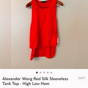 Alexander Wang Vibrant Red Silk Tank Top, Uneven hem. Gorgeous! Small